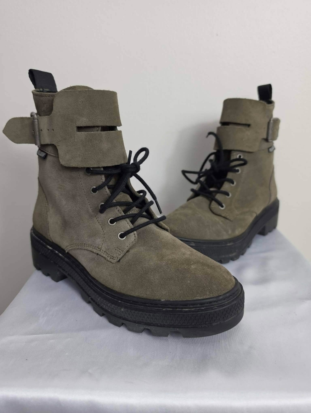 Palladium Taupe Suede Ankle Boot with Metal Buckle